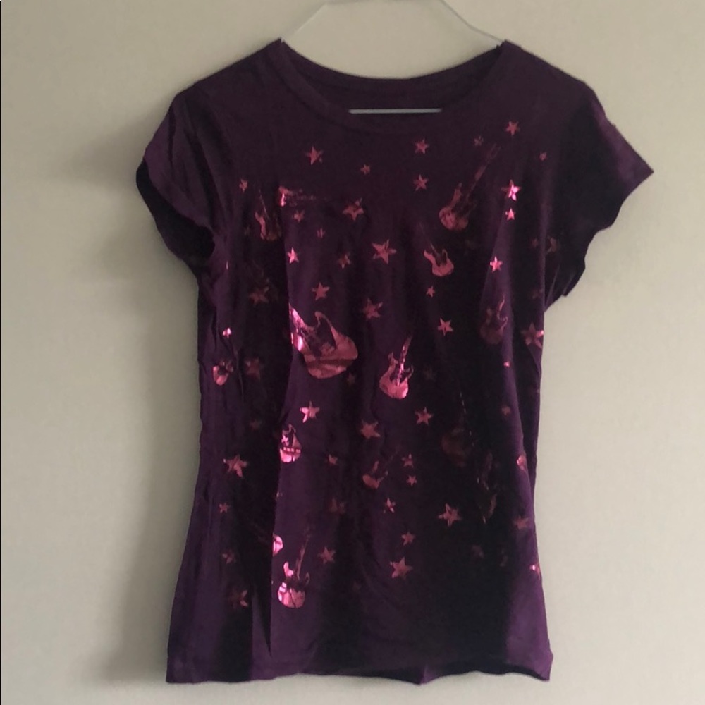 Purple T-shirt with metallic pink guitar and stars